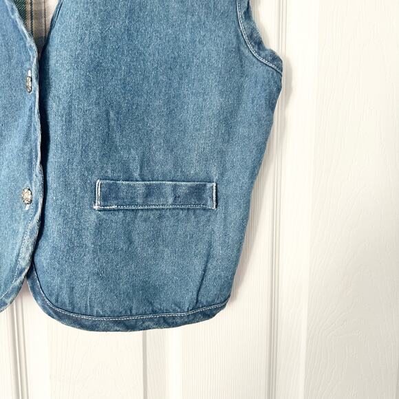Metro Express Vintage Denim Chambray Red Plaid Flannel Back Button Vest L 14/16 - Picture 5 of 12